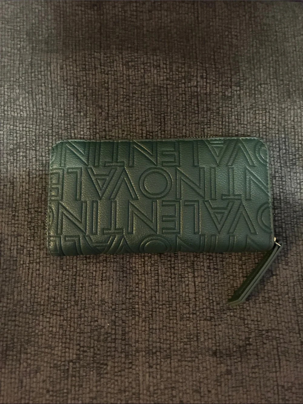 Mario Valentino Dark Green Embossed Zip-Around Wallet with Gold Logo